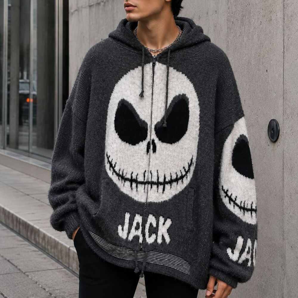 Jack Skellington Fuzzy Knit Hooded Zip Cardigan Nightmare Before Christmas L